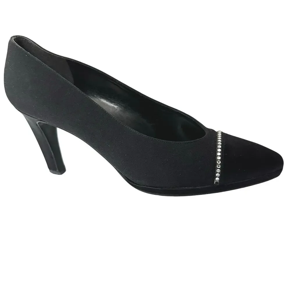 Vintage 80s/90s Stuart Weitzman for Neiman Marcus Black Satin Rhinestone Heels 8
